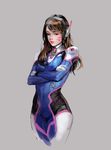  animal_print blue_bodysuit bodysuit breasts brown_eyes brown_hair bunny_print closed_mouth crossed_arms d.va_(overwatch) facepaint facial_mark grey_background headphones highres j._won_han lips long_hair looking_at_viewer medium_breasts overwatch pink_lips ribbed_bodysuit simple_background standing whisker_markings 