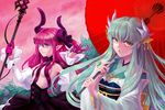  blue_eyes breasts dragon_girl dragon_horns elizabeth_bathory_(fate) elizabeth_bathory_(fate)_(all) fate/grand_order fate_(series) green_hair hair_between_eyes holding holding_weapon horns kiyohime_(fate/grand_order) lil_(katizua) long_hair long_sleeves looking_at_viewer multiple_girls multiple_horns pointy_ears polearm purple_hair sarkany_csont_landzsa small_breasts spear umbrella weapon yellow_eyes 