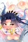  1girl ass blue_hair blush bound_wrists breasts chains crown crying crying_with_eyes_open fangs fate/grand_order fate_(series) hair_ribbon hanging_breasts ishtar_(fate/grand_order) ishtar_(swimsuit_rider)_(fate) jacket leaning leaning_forward long_hair looking_at_viewer nipples one-piece_swimsuit open_mouth red_ass red_eyes sasakuma_kyouta shiny shiny_hair shiny_skin solo spanked swimsuit swimsuit_under_clothes tears tohsaka_rin twintails twitter_username two_side_up very_long_hair white_swimsuit 