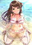  :t ass_visible_through_thighs banned_artist beach bikini bikini_skirt blush breast_rest breasts brown_hair cleavage closed_mouth collarbone day fay_(fay_axl) frilled_bikini frills from_above front-tie_bikini front-tie_top highres idolmaster idolmaster_cinderella_girls large_breasts lens_flare long_hair looking_at_viewer navel one_side_up outdoors partially_submerged pout sand shimamura_uzuki sitting solo swimsuit thighhighs wariza water white_bikini white_legwear yellow_eyes 