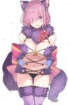  animal_ears bangs belly_grab black_panties blue_gloves blush bow breasts commentary_request dangerous_beast elbow_gloves eyebrows_visible_through_hair eyes_visible_through_hair fate/grand_order fate_(series) fox_ears fox_tail fur_collar fur_trim gloves hair_between_eyes hair_over_one_eye highres large_bow large_breasts looking_at_viewer mash_kyrielight nanananana navel o-ring o-ring_top open_mouth panties pink_bow purple_eyes purple_hair purple_legwear revealing_clothes short_hair simple_background solo tail thighhighs thighs underwear weight_conscious white_background 