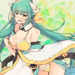  bare_shoulders bikini blush bow breasts commentary_request fate/grand_order fate_(series) green_hair hair_bow horns japanese_clothes kiyohime_(fate/grand_order) kiyohime_(swimsuit_lancer)_(fate) large_breasts long_hair looking_at_viewer multiple_horns nagine_pum open_mouth slit_pupils solo swimsuit very_long_hair yellow_eyes 