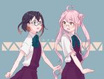  achii_adachi adapted_costume ahoge black_hair blue-framed_eyewear brown_hair cowboy_shot double_bun glasses green_eyes kantai_collection long_hair makigumo_(kantai_collection) multicolored_hair multiple_girls okinami_(kantai_collection) open_mouth pink_hair school_uniform short_hair short_sleeves translated twintails yellow_eyes 