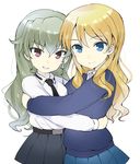  alternate_hairstyle anchovy black_neckwear black_skirt blonde_hair blue_eyes blue_skirt clenched_teeth closed_mouth darjeeling gedou_(ge_ge_gedou) girls_und_panzer green_hair hair_down hug long_hair long_sleeves looking_at_viewer multiple_girls necktie red_eyes simple_background skirt smile sweater teeth white_background 