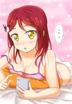  ... 10s 1girl ass blush breasts cellphone cleavage downblouse hair_ornament holding holding_cellphone large_breasts long_hair looking_at_viewer love_live! love_live!_sunshine!! lying no_bra off_shoulder on_stomach open_mouth panties pillow pink_background qy red_hair sakurauchi_riko solo strap_slip underwear yellow_eyes 