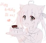  :d ahoge animal_ears bangs birthday blush bow cake cat_ears cat_girl commentary_request english eyebrows_visible_through_hair fang food hair_between_eyes hair_ornament hair_ribbon hairclip happy_birthday heart heart_ahoge highres holding holding_plate long_hair long_sleeves looking_away monochrome open_mouth original paw_print plate ribbon school_uniform serafuku sidelocks simple_background smile solo tareme translated twintails upper_body white_background xiaosamiao 