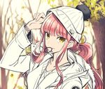  adjusting_clothes adjusting_hat alternate_costume beanie braid casual collarbone fate/grand_order fate_(series) hat jewelry leaf looking_at_viewer medb_(fate)_(all) medb_(fate/grand_order) mouth_hold necklace pink_hair pom_pom_(clothes) ponytail shimo_(s_kaminaka) solo tree yellow_eyes 