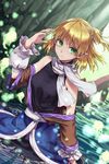  akidzuki_haruhi arm_warmers bangs bare_shoulders blonde_hair breasts bridal_gauntlets cave dutch_angle green_eyes light_particles looking_at_viewer medium_breasts mizuhashi_parsee off_shoulder pointy_ears ponytail scarf solo touhou turtleneck wading water white_scarf 
