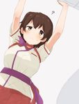  ? alternate_costume brown_eyes brown_hair commentary from_below hiryuu_(kantai_collection) kantai_collection peach_(airline) purple_neckwear short_hair short_sleeves side_ponytail solo stewardess suke_(momijigari) white_background 