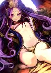  akechi_shizuku blush bow bow_bra bra breasts chinese_clothes covered_nipples crown dutch_angle facial_mark fate/grand_order fate_(series) forehead_mark gloves hanfu highres jewelry loincloth long_hair long_sleeves looking_at_viewer navel necklace pelvic_curtain purple_eyes purple_gloves purple_hair ribbon ribbon_bra shawl small_breasts solo string string_bra underwear wide_sleeves wu_zetian_(fate/grand_order) 
