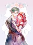  1girl alm_(fire_emblem) celica_(fire_emblem) closed_eyes couple dress fire_emblem fire_emblem_echoes:_mou_hitori_no_eiyuuou fire_emblem_gaiden flower green_hair hair_flower hair_ornament hetero highres hug liefe long_hair red_hair short_hair smile 