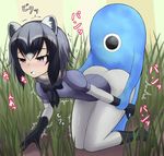  :o all_fours animal_ears arm_held_back bent_over bestiality black_bow black_gloves black_hair black_legwear black_neckwear blush bow bowtie cerulean_(kemono_friends) clothed_sex commentary_request common_raccoon_(kemono_friends) creature doggystyle fur_collar gloves grass grey_hair half-closed_eyes implied_sex kemono_friends monster multicolored_hair no_pants outdoors pantyhose penetration_through_clothes raccoon_ears short_sleeves solo through_clothes trembling white_legwear yukyou_(pixiv27083031) 