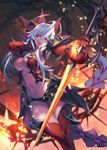  blurry blurry_background breasts dice_of_soul gloves hand_up highres holding holding_sword holding_weapon horns large_breasts looking_at_viewer navel nawol open_mouth red_eyes red_gloves red_legwear silver_hair standing sword thighhighs thorns watermark weapon 