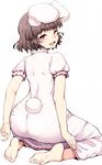  :d animal_ears arms_at_sides ass back bangs bare_arms barefoot brown_hair bunny_ears bunny_tail commentary_request dress eyebrows_visible_through_hair frilled_sleeves frills from_behind full_body highres inaba_tewi long_dress looking_at_viewer looking_back nanahi_toshi open_mouth pantylines pink_dress puffy_short_sleeves puffy_sleeves red_eyes ribbon-trimmed_dress short_hair short_sleeves simple_background sitting smile soles solo tail tail_through_clothes toes touhou upper_teeth white_background white_pupils 