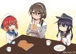  akatsuki_(kantai_collection) alternate_costume alternate_hairstyle ashigara_(kantai_collection) braid brown_eyes commentary_request doyagao drinking eating etorofu_(kantai_collection) hair_over_shoulder hairband hat kantai_collection long_hair misumi_(niku-kyu) multiple_girls purple_eyes red_hair sailor_hat school_uniform serafuku short_hair sitting smile smug twin_braids twitter_username white_hat 