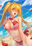  1girl :d ahoge areola_slip areolae bangs bikini blonde_hair blush breasts cameltoe criss-cross_halter day earrings fate/grand_order fate_(series) green_eyes hair_between_eyes hair_intakes halterneck hand_under_clothes highres jewelry large_breasts long_hair looking_at_viewer male_swimwear navel nero_claudius_(fate)_(all) nero_claudius_(swimsuit_caster)_(fate) nose_blush open_mouth outdoors petals rebe11 side-tie_bikini sidelocks sly smile solo striped striped_bikini swim_briefs swimsuit swimwear textless twintails twitter_username very_long_hair wet 