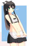  &gt;_&lt; absurdres apron apron_hold bangs bikini_skirt black_hair blue_background blunt_bangs blush border bow breasts buttons cleavage closed_mouth collarbone commentary_request cowboy_shot embarrassed eyebrows_visible_through_hair flying_sweatdrops frilled_apron frills green_eyes hair_bow highres long_hair looking_at_viewer maid_bikini navel ponytail sidelocks signature small_breasts solo standing stomach swimsuit tatsumi_kon urara_meirochou waist_apron wavy_mouth white_apron white_border white_bow xiaosamiao 