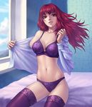  anolea bra breasts dress_shirt fate/grand_order fate_(series) highres large_breasts long_hair looking_at_viewer midriff navel on_bed open_clothes open_shirt panties purple_bra purple_hair purple_legwear purple_panties red_eyes scathach_(fate)_(all) scathach_(fate/grand_order) shirt sitting sitting_on_bed solo thighhighs underwear undressing 