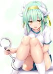  :d alternate_costume bangs blush breasts buruma commentary_request cuffs eyebrows_visible_through_hair fate/grand_order fate_(series) foreshortening green_hair gym_uniform hairband handcuffs holding horns kiyohime_(fate/grand_order) kneehighs knees_together_feet_apart leg_hug long_hair looking_at_viewer medium_breasts open_mouth sen_(astronomy) shirt short_sleeves sidelocks sitting smile solo thighs very_long_hair white_legwear white_shirt yellow_eyes yellow_hairband 