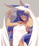  animal_ears armpits arms_up bangs bare_arms bare_shoulders blunt_bangs breasts closed_mouth collarbone dark_skin earrings eyebrows_visible_through_hair facepaint fate/grand_order fate_(series) grey_background hair_tubes hairband hoop_earrings jackal_ears jewelry long_hair looking_at_viewer low-tied_long_hair medium_breasts necklace nitocris_(fate/grand_order) nitocris_(swimsuit_assassin)_(fate) protected_link purple_eyes purple_hair sidelocks smile solo swimsuit tsurime two-tone_background under_covers upper_body very_long_hair white_swimsuit 