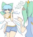  2girls alternate_costume anger_vein bare_shoulders blue_eyes blue_hair bow breasts camisole casual cirno cleavage collarbone commentary contemporary daiyousei english flower green_bow green_hair hair_bow hair_ribbon hater_(hatater) ice ice_wings long_hair looking_at_another medium_breasts multiple_girls older pointing pointy_ears puffy_short_sleeves puffy_sleeves ribbon short_hair short_shorts short_sleeves shorts side_ponytail simple_background sunflower touhou typo white_background wings 