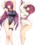  alternate_costume arm_strap armpits breasts competition_swimsuit dakimakura fate/grand_order fate_(series) harukon_(halcon) ishikawa_kuma_yarou knife large_breasts long_hair looking_at_viewer multiple_views naked_sweater one-piece_swimsuit purple_hair red_eyes ribbed_sweater sample scathach_(fate)_(all) scathach_(fate/grand_order) sweater swimsuit thigh_strap throwing_knife weapon 
