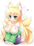  1girl animal_ears areola_slip areolae bare_shoulders blonde_hair blush borrowed_character breasts cleavage collarbone erect_nipples female fox_ears fox_girl fox_tail green_eyes hair_ornament hair_ribbon japanese_clothes kane-neko kneeling large_breasts licking_lips looking_at_viewer multiple_tails no_bra original ribbon simple_background smile socks solo tail tongue tongue_out white_background white_socks 
