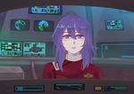  1girl blue_eyes cosplay crossover hi_res high_res inside_spaceship looking_at_viewer mankitsu_happening military purple_hair red_uniform simple_illust star_trek suzukawa_rei talking uniform 