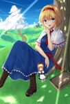  absurdres alice_margatroid blonde_hair blue_eyes blush book boots bow brown_footwear capelet cloud day eyebrows_visible_through_hair hair_bow hairband high_heel_boots high_heels highres knee_boots looking_at_viewer multiple_girls open_mouth outdoors phano_(125042) pointing red_bow shanghai_doll short_hair sitting smile touhou tree tree_shade 