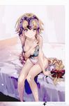  bed between_breasts bikini blue_eyes braid breasts fate/apocrypha fate_(series) headpiece highres jeanne_d'arc_(fate) jeanne_d'arc_(fate)_(all) looking_at_viewer medium_breasts ponytail ribbon single_braid sitting swimsuit yuugen 