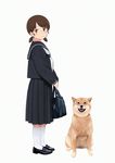  alternate_costume bag bangs black_serafuku brown_eyes brown_hair dog full_body fuyube_gin_(huyube) highres kantai_collection loafers long_skirt looking_at_viewer low_twintails neckerchief official_style parted_bangs school_bag school_uniform serafuku shiba_inu shibafu_(glock23)_(style) shirayuki_(kantai_collection) shoes short_hair short_twintails simple_background skirt standing twintails white_background white_legwear white_neckwear 