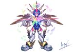  absurdres android copy_x cyber_elves full_body gloves glowing glowing_eyes halo helmet hi-go! highres male_focus mechanical_wings red_eyes rockman rockman_zero signature simple_background smile solo white_background white_gloves wings 