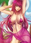  adapted_costume arm_up bad_id bad_pixiv_id bracelet breasts cleavage covered_nipples cyicheng fate_(series) head_tilt jewelry large_breasts long_hair looking_at_viewer purple_hair purple_sarong purple_swimsuit red_eyes sarong scathach_(fate)_(all) scathach_(swimsuit_assassin)_(fate) solo swimsuit thigh_strap 