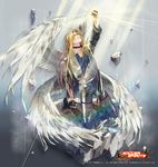  ahoge angel_wings arm_up ayto black_footwear black_gloves black_legwear black_neckwear blonde_hair blue_eyes cassiel clenched_hand copyright_name fingerless_gloves gloves hair_ornament kneeling light_rays long_hair looking_up male_focus rock shoes soccer_spirits solo torn_clothes watermark wings 