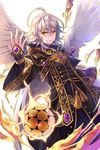  ahoge angel_wings ball crocell_(soccer_spirits) gl_ztoh grin highres hood hood_down looking_at_viewer male_focus silver_hair smile soccer_ball soccer_spirits solo standing tassel transparent_background wide_sleeves wings yellow_eyes 