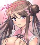  2017 absurdres areolae bangs blush breast_hold breasts brown_hair china_dress chinese_clothes chun-mei covering_nipples dated dress eyebrows_visible_through_hair hair_ornament highres long_hair looking_at_viewer medium_breasts nail_polish no_bra open_clothes open_mouth open_shirt original purple_eyes shirt signature sleeveless smile tanaka_takayuki twintails upper_body 