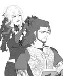  1boy 1girl aranea_highwind armor book dysah facial_hair final_fantasy final_fantasy_xv gladiolus_amicitia gloves long_hair monochrome ponytail reading smile tattoo tying_hair 