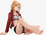  bandeau bare_legs barefoot belt blonde_hair denim fate/apocrypha fate/grand_order fate_(series) green_eyes highres jacket jewelry kouzuki_kei long_hair looking_at_viewer midriff mordred_(fate) mordred_(fate)_(all) necklace red_jacket short_shorts shorts simple_background solo 