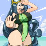  1girl asui_tsuyu bare_shoulders black_eyes black_hair boku_no_hero_academia breasts curvy female frog_girl highleg_swimsuit large_breasts long_hair looking_at_viewer one-piece_swimsuit partially_submerged salute shiny_skin smile solo swimsuit uirou-zazami water 