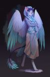  2018 4_toes 5_fingers anthro clothed clothing digital_media_(artwork) digitigrade ear_piercing feathered_wings feathers female green_eyes hitmore piercing sphinx standing toes wings 