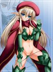  alleyne_(queen's_blade) beret blonde_hair blue_eyes blush boots breasts cape cleavage elbow_gloves elf gloves hair_in_mouth hat large_breasts leaf_panties leaf_print legs long_hair panties panty_pull pointy_ears print_panties pussy queen's_blade rushima solo thigh_boots thighhighs thighs underwear undressing zoom_layer 