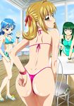  ankoku_tiger ass bikini black_eyes blonde_hair blue_hair blue_nails blush bracelet breasts brown_eyes chair cleavage day dimples_of_venus from_behind green_hair green_nails hair_ornament hair_ribbon hairclip hand_on_hip highres houshou_hanon jewelry lipstick long_hair looking_back makeup medium_breasts mermaid_melody_pichi_pichi_pitch multiple_girls nail_polish nanami_lucia necklace official_style one-piece_swimsuit open_mouth pink_nails polka_dot red_eyes ribbon sandals short_hair shorts swimsuit table thong_bikini touin_rina very_long_hair waving 