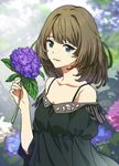  alternate_eye_color asao_(vc) bangs bare_shoulders blue_eyes brown_hair collarbone dated day dress flower green_eyes holding holding_flower idolmaster idolmaster_cinderella_girls light_smile lips looking_at_viewer mole mole_under_eye off_shoulder outdoors parted_lips short_hair signature solo takagaki_kaede 