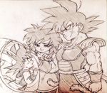  bardock black_eyes black_hair dragon_ball expressionless father_and_son gine monochrome mother_and_son sad scarf short_hair simple_background son_gokuu spiked_hair tail tears tkgsize wristband 