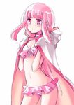  bangs blunt_bangs blush christy cloak hood hooded_cloak long_hair looking_at_viewer magia_record:_mahou_shoujo_madoka_magica_gaiden magical_girl mahou_shoujo_madoka_magica pink_eyes pink_hair swimsuit tamaki_iroha 