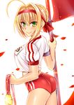  absurdres ahoge ass banner blonde_hair blush buruma closed_mouth clothes_writing eyebrows_visible_through_hair fate/extra fate_(series) from_side green_eyes gu_li gym_uniform hair_intakes headband highres looking_at_viewer looking_back medal nero_claudius_(fate) nero_claudius_(fate)_(all) olympian_bloomers petals red_buruma shirt short_sleeves smile solo sports_festival tied_shirt 