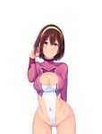  1girl adjusting_hair bare_legs blue_eyes blush breasts brown_hair butcha-u cleavage cleavage_cutout covered_navel cowboy_shot erect_nipples game_cg hairband kenzen!_hentai_seikatsu_no_susume large_breasts legs leotard looking_at_viewer maezono_chinami mound_of_venus navel original pubic_hair see-through short_hair simple_background smile solo standing thighs transparent_background 