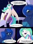  2017 anthro anthrofied big_breasts blue_body blue_eyes blue_hair breasts clothed clothing dialogue duo english_text equine eyebrows eyelashes female friendship_is_magic green_hair hair hi_res horn looking_back mammal multicolored_hair my_little_pony night open_mouth princess_celestia_(mlp) princess_luna_(mlp) purple_eyes purple_hair sitting star suirano text winged_unicorn wings 