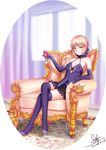  absurdres alcohol armchair artoria_pendragon_(all) bare_shoulders black_skirt blonde_hair border breasts chair cleavage closed_mouth crossed_legs cup cupping_glass curtains dated drinking_glass elbow_gloves fate/hollow_ataraxia fate_(series) gloves hair_ribbon halterneck highres holding holding_cup indoors looking_at_viewer medium_breasts miniskirt no_shoes purple_gloves purple_legwear purple_ribbon purple_shirt qq1065091829 ribbon round_image rug saber_alter shirt short_hair sideboob signature sitting skirt sleeveless sleeveless_shirt smirk solo thighhighs tsurime white_background white_border wine wine_glass yellow_eyes zettai_ryouiki 