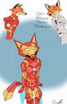  2016 absurd_res anthro armor business_suit canine clothing crossover disney duo fox fur green_eyes grin hands_behind_back hi_res inner_ear_fluff iron_man machine male mammal marvel multiple_poses necktie nick_wilde orange_fur pose power_armor quirky-middle-child signature simple_background smile solo suit teeth text white_background zootopia 